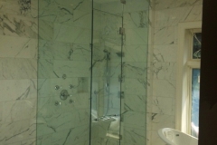 Frameless steam shower door with fixed transom