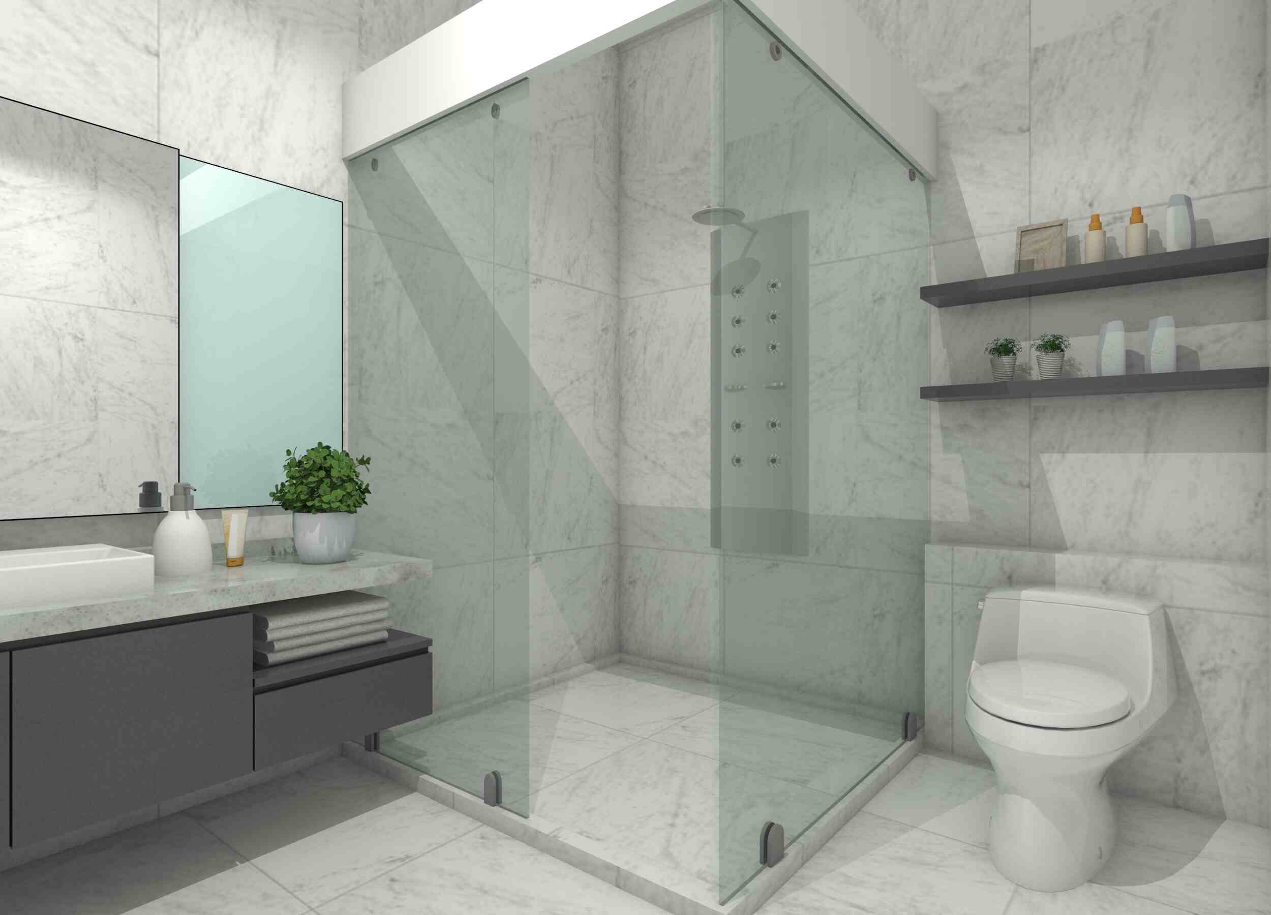 Frameless glass shower door with protective glass coating.