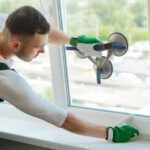 Man in white shirt installing glass window with adhesive tool