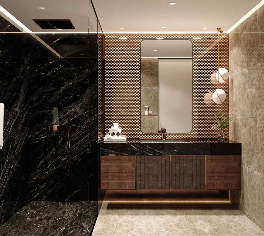 Luxury modern bathroom showcasing why antique mirrors are back in modern design.