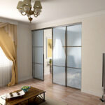 Interior door with glass panels separating a bright living room while allowing natural light to flow between spaces.