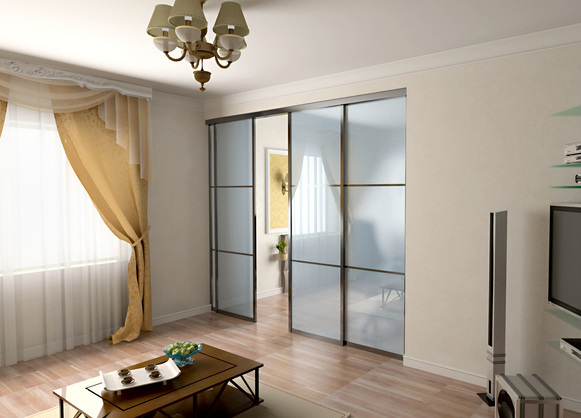 Interior door with glass panels separating a bright living room while allowing natural light to flow between spaces.